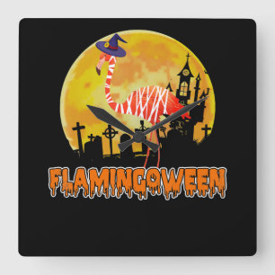 Flamingo Flamingoween Funny Witch Halloween Quadratische Wanduhr