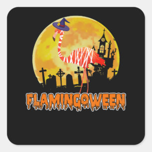 Flamingo Flamingoween   Funny Witch Halloween Quadratischer Aufkleber