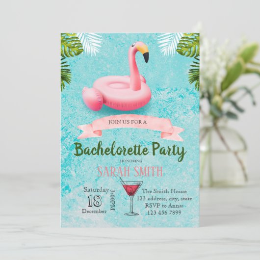 Flamingo Float Bachelorette Einladung (Stehend Vorderseite)