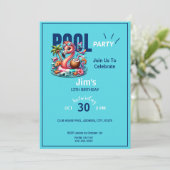 Flamingo Floating in Pool Geburtstagsparty Einladung (Stehend Vorderseite)