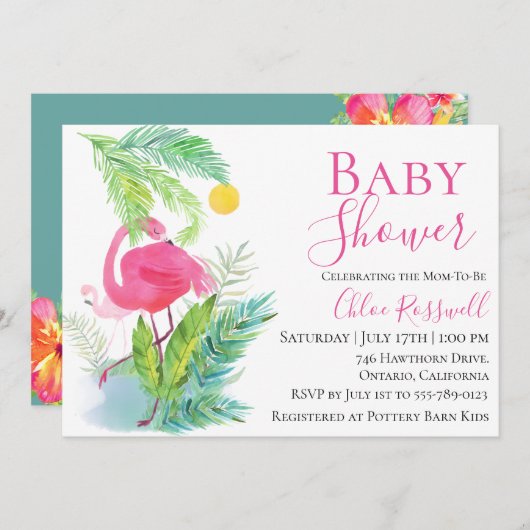 Flamingo Floral Baby Dusche Einladung (Vorne/Hinten)