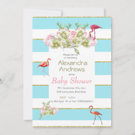 Flamingo Floral Blue Stripe Baby Dusche Einladung