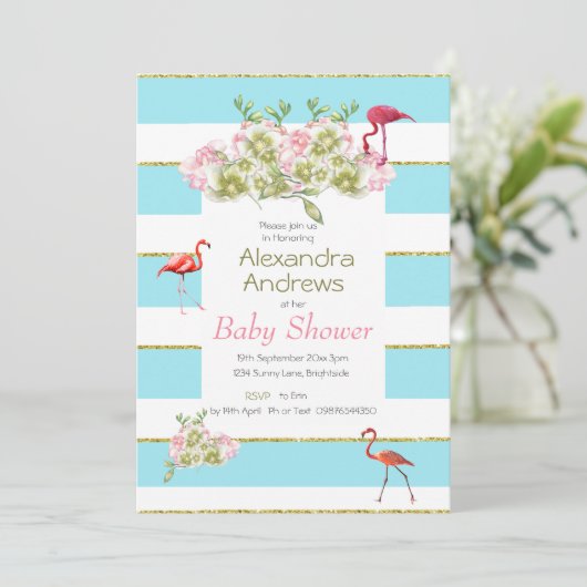 Flamingo Floral Blue Stripe Baby Dusche Einladung (Stehend Vorderseite)