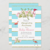 Flamingo Floral Blue Stripe Baby Dusche Einladung (Vorne/Hinten)