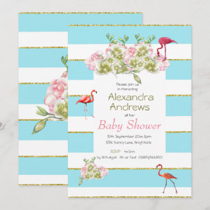Flamingo Floral Blue Stripe Baby Dusche Einladung
