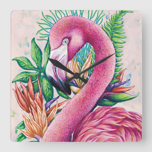 Flamingo Floral Hawaiian Funny Niedlich Wall Clock Quadratische Wanduhr (Vorderseite)