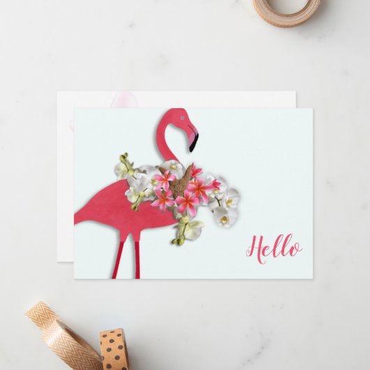 Flamingo Floral Wreath Hello Blank Mitteilungskarte (Vorderseite/Rückseite Beispiel)