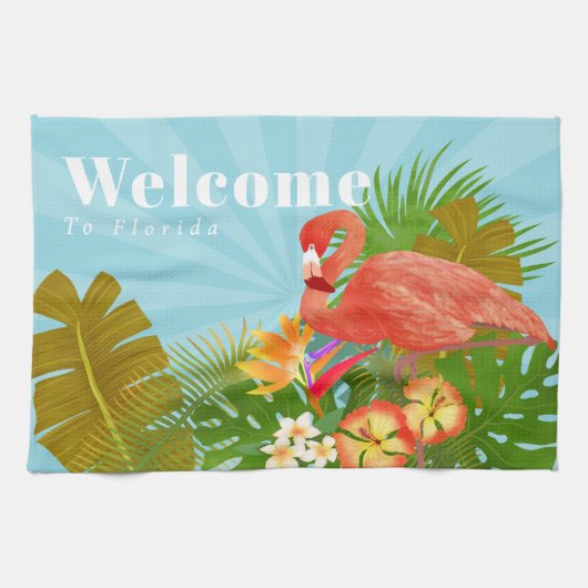 Flamingo Florida Willkommen Blau Geschirrtuch (Horizontal)