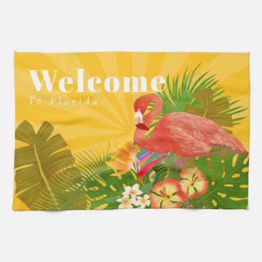 Flamingo Florida Willkommen Gelb Orange Geschirrtuch (Horizontal)