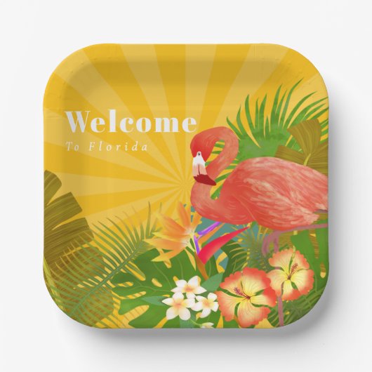 Flamingo Florida Willkommen Gelb Orange Pappteller (Vorderseite)