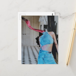 Flamingo-Frau in einem Raum surreale Collage Postkarte