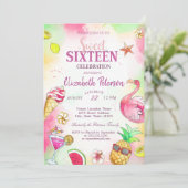Flamingo Fruits Summer Pool Sweet 16 Party Einladung (Stehend Vorderseite)