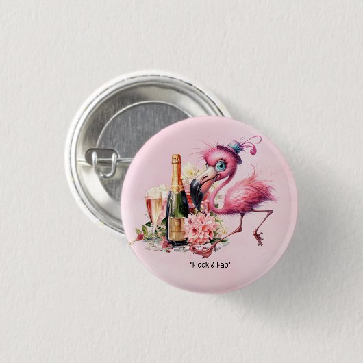 Flamingo Funny Face mit Champagner für Party Button (Vorne & Hinten)