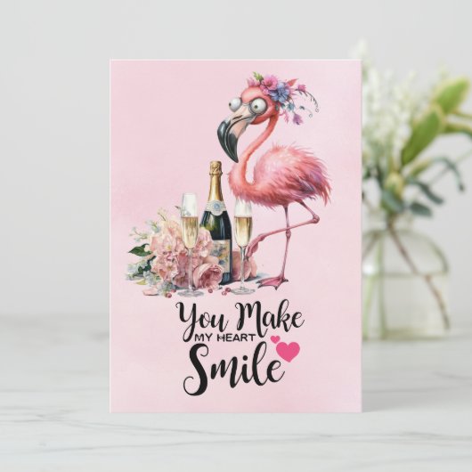 Flamingo Funny Face mit Champagner für Party Dankeskarte (Stehend Vorderseite)