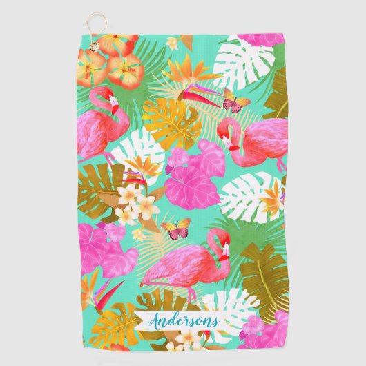 Flamingo Garden Aquamarin Golfhandtuch (Vorderseite)