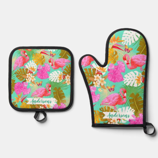 Flamingo Garden Aquamarin Ofenhandschuh & Topflappen-Set (Vorderseite)