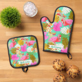 Flamingo Garden Aquamarin Ofenhandschuh & Topflappen-Set (Oben Unten)