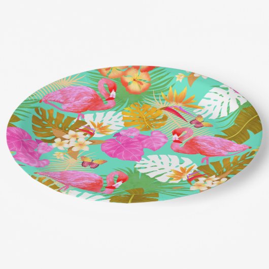 Flamingo Garden Aquamarin Pappteller (Schrägansicht)