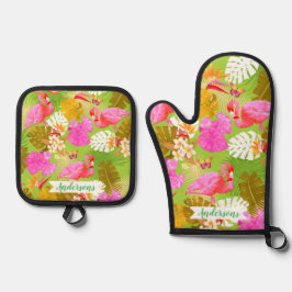 Flamingo Garden Bright Green Ofenhandschuh & Topflappen-Set