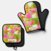 Flamingo Garden Bright Green Ofenhandschuh & Topflappen-Set (Vorderseite/Rückseite)