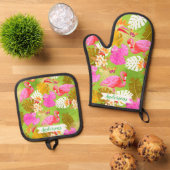 Flamingo Garden Bright Green Ofenhandschuh & Topflappen-Set (Oben Unten)