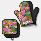 Flamingo Garden Dark Green Ofenhandschuh & Topflappen-Set (Vorderseite/Rückseite)
