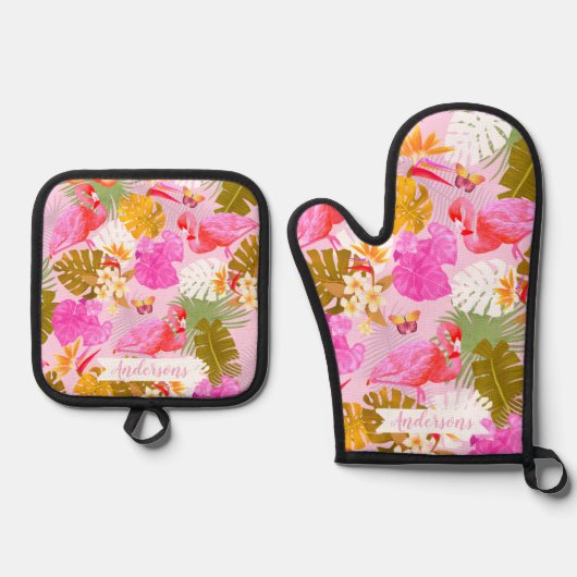 Flamingo Garden Pink Ofenhandschuh & Topflappen-Set (Vorderseite)