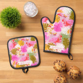 Flamingo Garden Pink Ofenhandschuh & Topflappen-Set (Oben Unten)