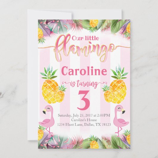 Flamingo Geburtstagsparty Einladung Ananas (Vorderseite)