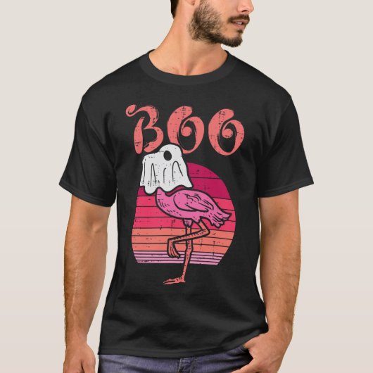 Flamingo Ghost Boo Pink Sunset Retro Halloween Bir T-Shirt (Vorderseite)
