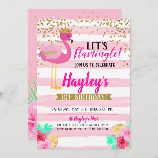 Flamingo Girls Pink Gold Geburtstag Let's Flamingl Einladung (Vorne/Hinten)