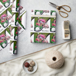 Flamingo Golfer mit Golfwagen auf rosa für Frau Geschenkpapier