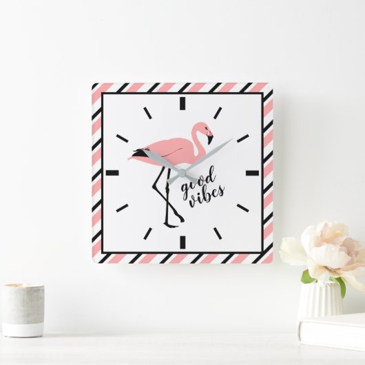 Flamingo Good Vibes Pink Black Square Wall Clock Quadratische Wanduhr (Zuhause)