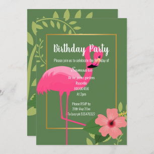 FLAMINGO HIBISKEN SAGE GREEN GOLD GEBURTSTAG EINLADUNG