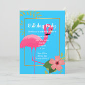 FLAMINGO HIBISKUS BLAUE GOLD GEBURTSTAG EINLADUNG (Stehend Vorderseite)