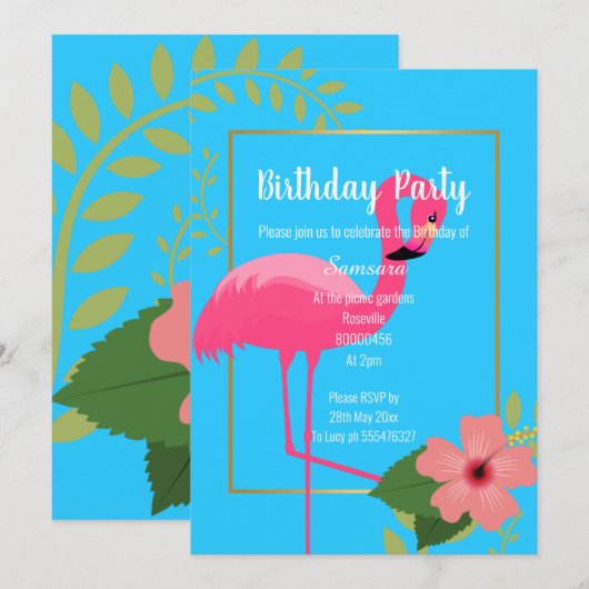 FLAMINGO HIBISKUS BLAUE GOLD GEBURTSTAG EINLADUNG (Vorne/Hinten)