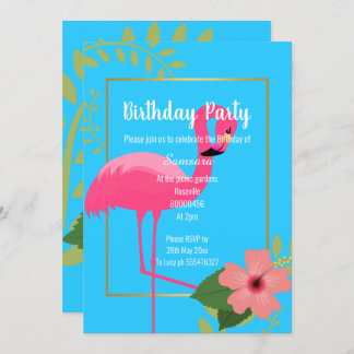 FLAMINGO HIBISKUS BLAUE GOLD GEBURTSTAG EINLADUNG