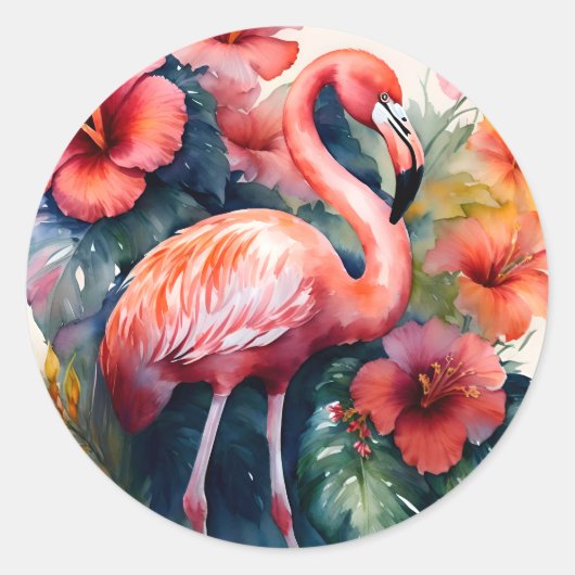 Flamingo Hibiskus Runder Aufkleber (Vorderseite)