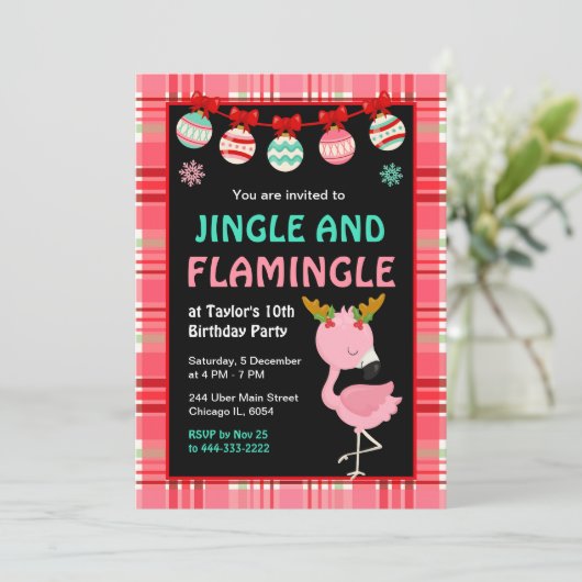 Flamingo Holiday Birthday Party Einladung (Stehend Vorderseite)