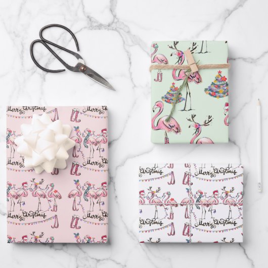Flamingo Holiday Party Wrapping Paper Geschenkpapier Set (Vorderseite)