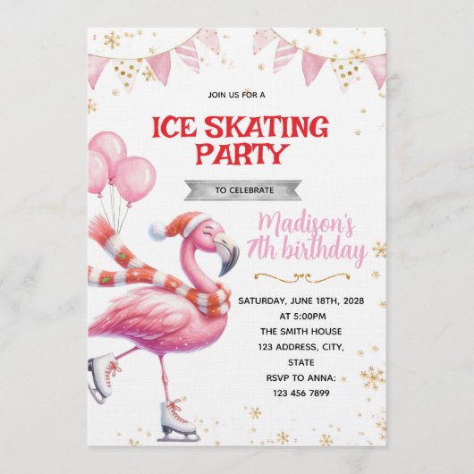 Flamingo Ice Skating invitation Einladung (Vorderseite)
