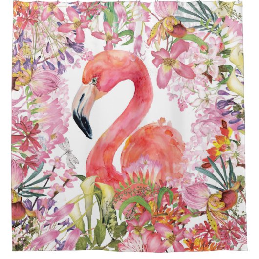 Flamingo im Blumen-Dschungel - Sommer-Muster Duschvorhang (Vorderseite)