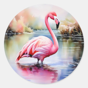 Flamingo im Wasser Runder Aufkleber