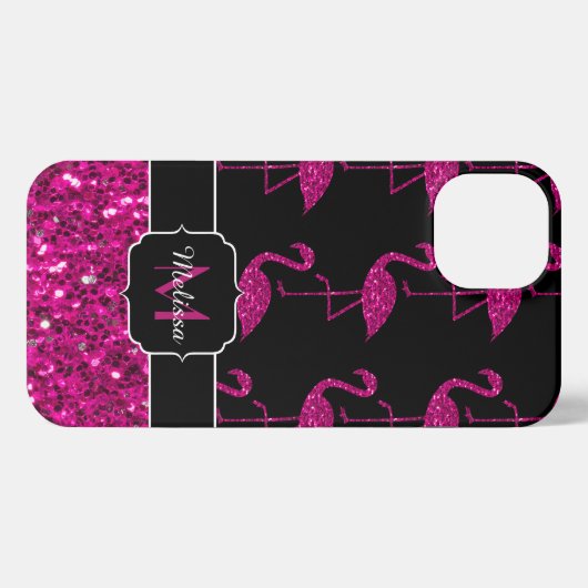 Flamingo Imitate Glitzern Muster schwarz Monogramm iPhone Hülle (Rückseite (Horizontal))