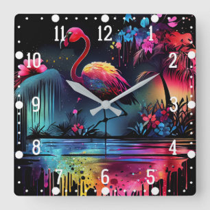 Flamingo in A Lake-63851 Quadratische Wanduhr
