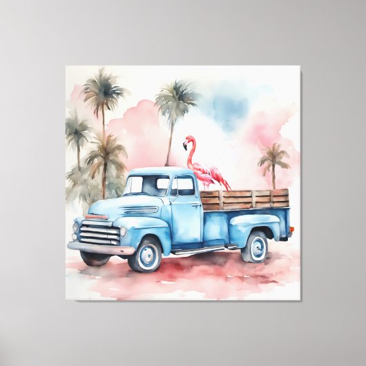 Flamingo in Blue Retro Truck Leinwanddruck (Vorderseite)