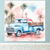 Flamingo in Blue Retro Truck Leinwanddruck (Insitu (Holzboden))
