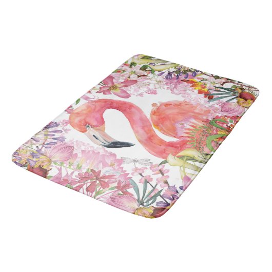 Flamingo in Blume Dschungel - Sommermuster Badematte (Schrägansicht)
