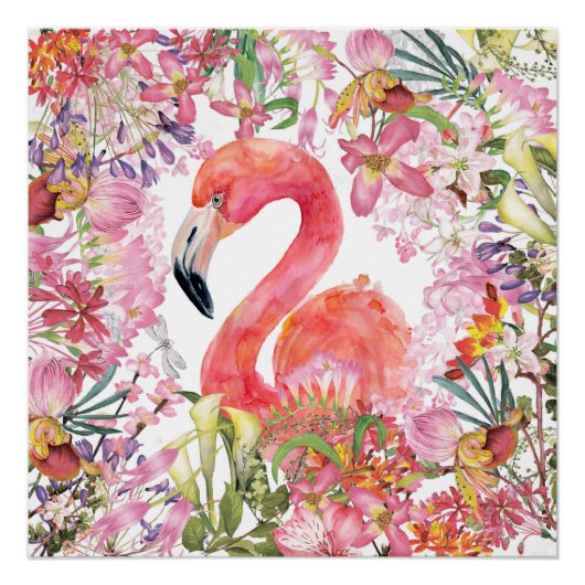 Flamingo in Blume Dschungel - Sommermuster Poster (Vorderseite)