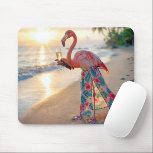 Flamingo in einem Rock mit Champagnerflöte Mousepad